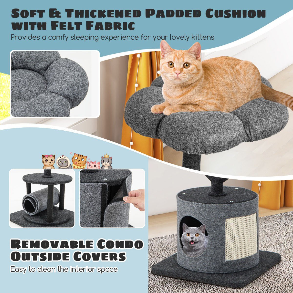 Costway 3 Tier Grey Cat Tower with Sisal Covered Scratching Board Image 4