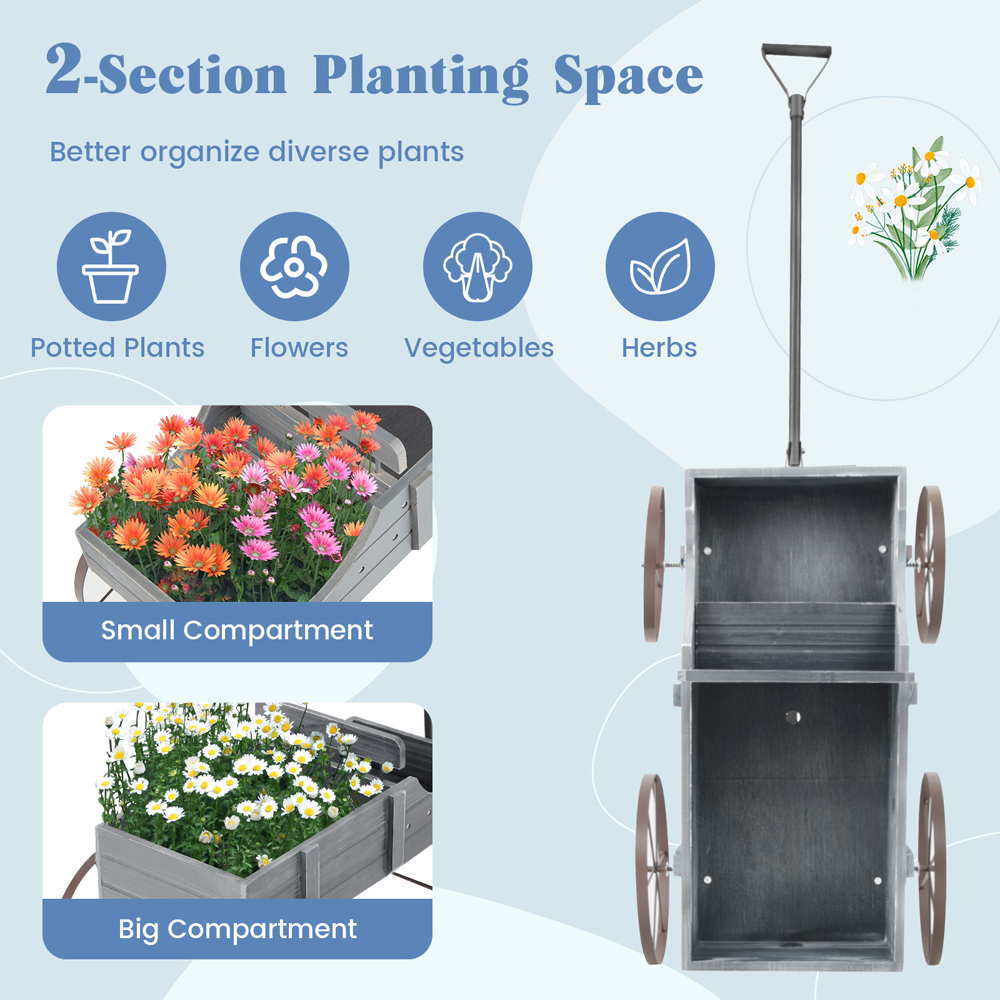 Costway Grey Wooden Wagon Flower Planter Image 4