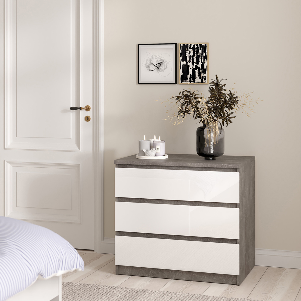 Florence 3 Drawer Concrete and White High Gloss Chest of Drawers Image 6