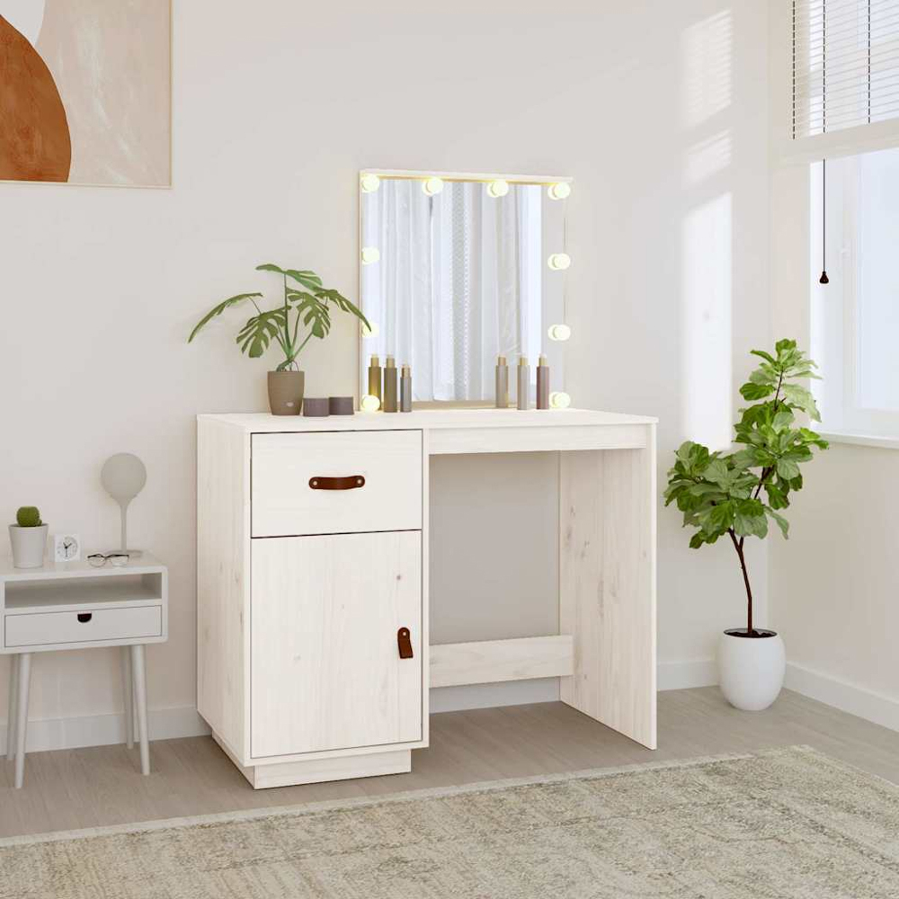 vidaXL Single Door Single Drawer White Solid Wood Pine Dressing Table with LED Mirror Image 8