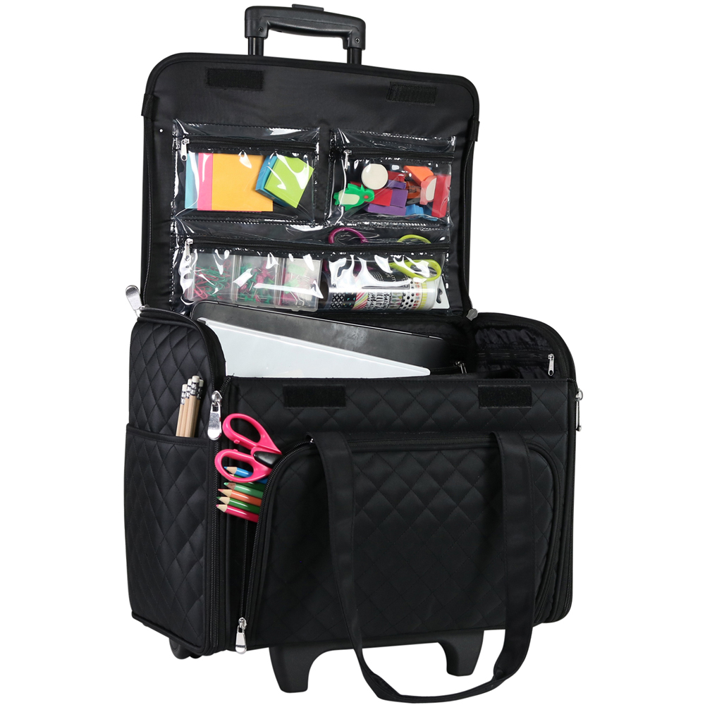 Everything Mary EVM13346-1 Black Quilted Rolling Sewing Tote Trolley Bag 43.2 x 22.9 x 33.7cm Image 3
