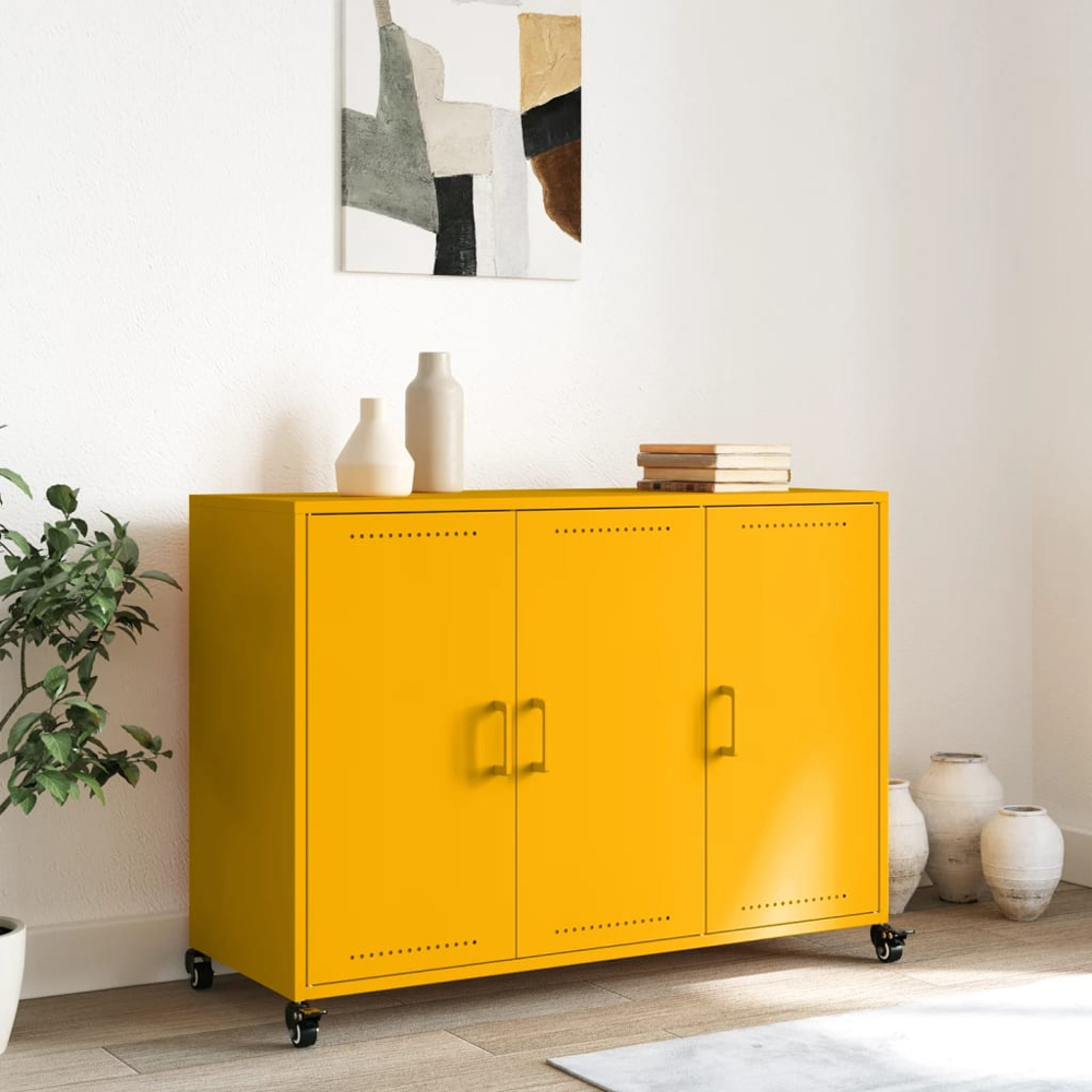 vidaXL 3 Door Mustard Yellow Metal Sideboard Image 9