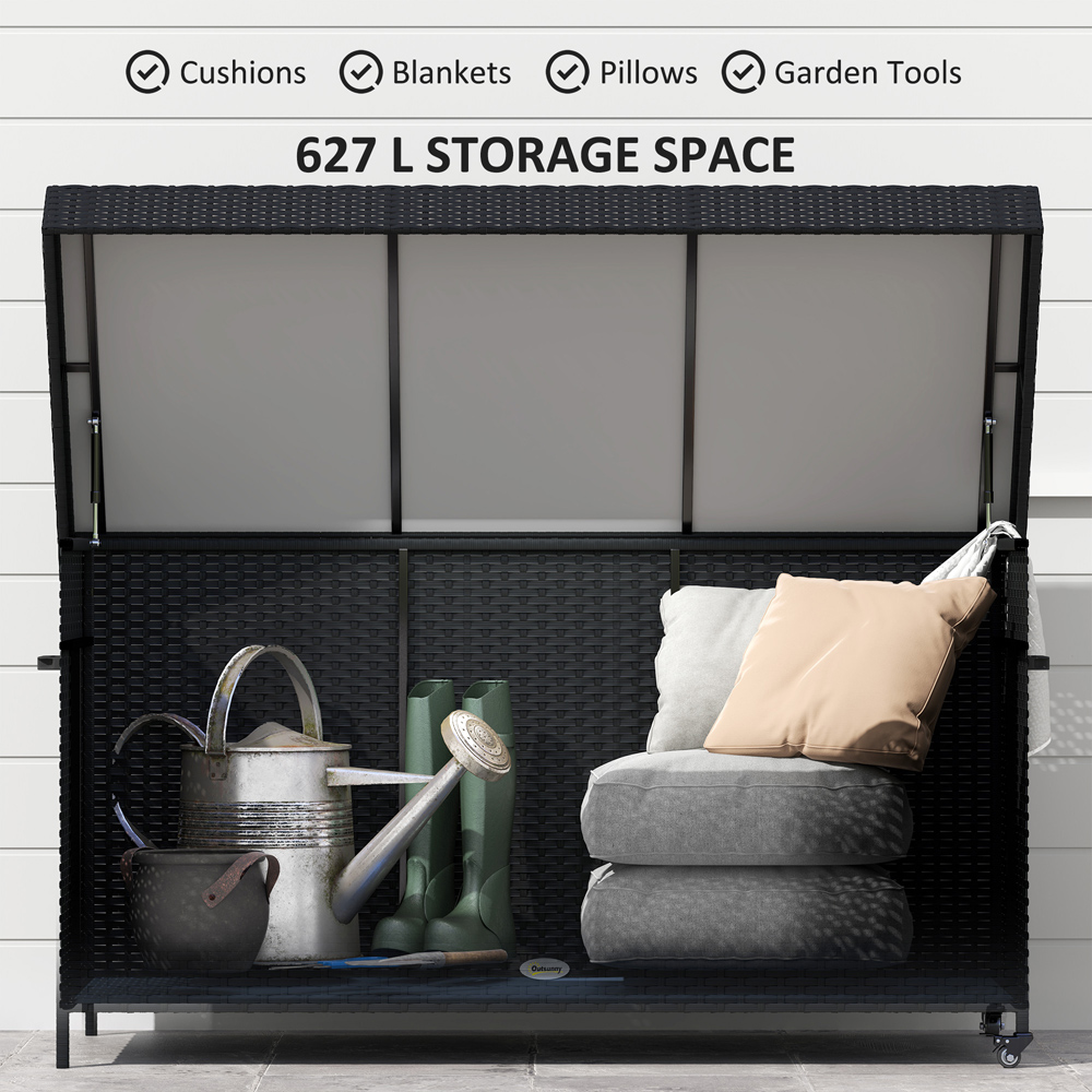 Outsunny Black Rattan Garden Storage Box with Gas Lift Lid and Wheels 627L Image 4