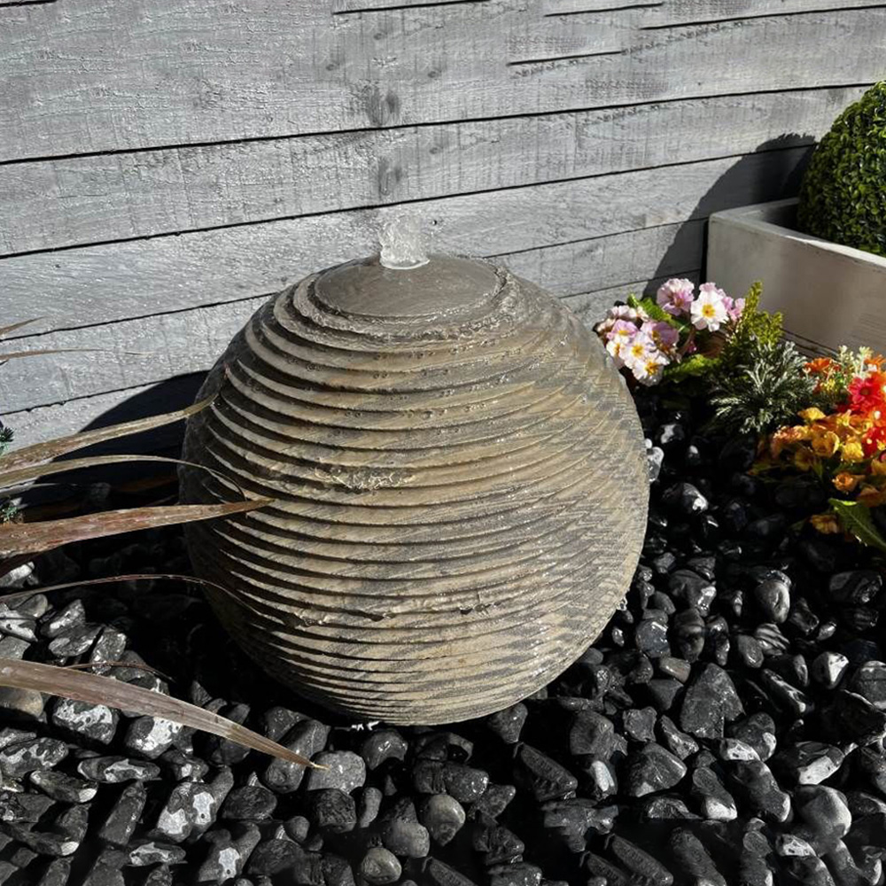 Tranquillity Black Sandstone Ribbed Sphere Mains Powered LED Water Feature Image 2