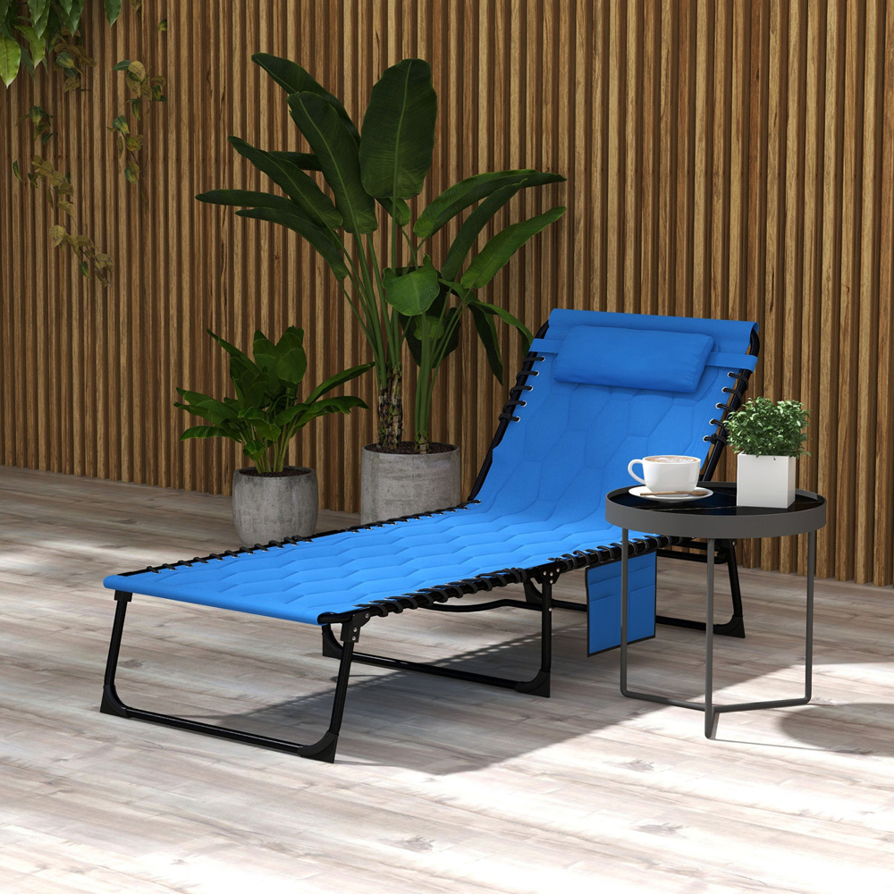 Outsunny Blue Foldable Recliner Sun Lounger with Side Pocket Image 4