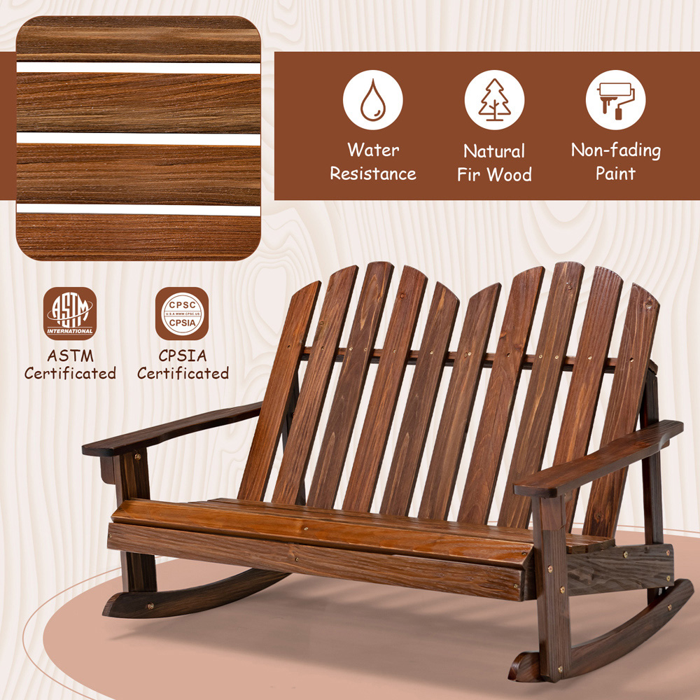 Costway 2 Seater Rustic Brown Kids Rocking Adirondack Chair Bench Image 8
