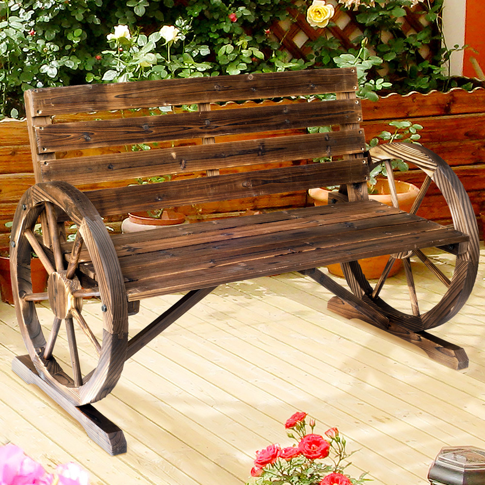Outsunny 2 Seater Brown Wooden Bench with Wagon Wheel Image 1