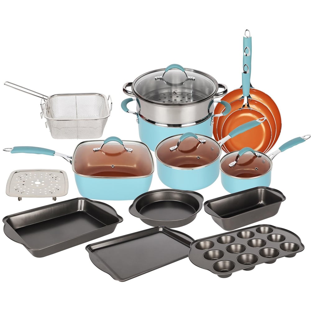 Blue and Copper 19 Piece Non Stick Aluminium Induction Cookware Set Image 1