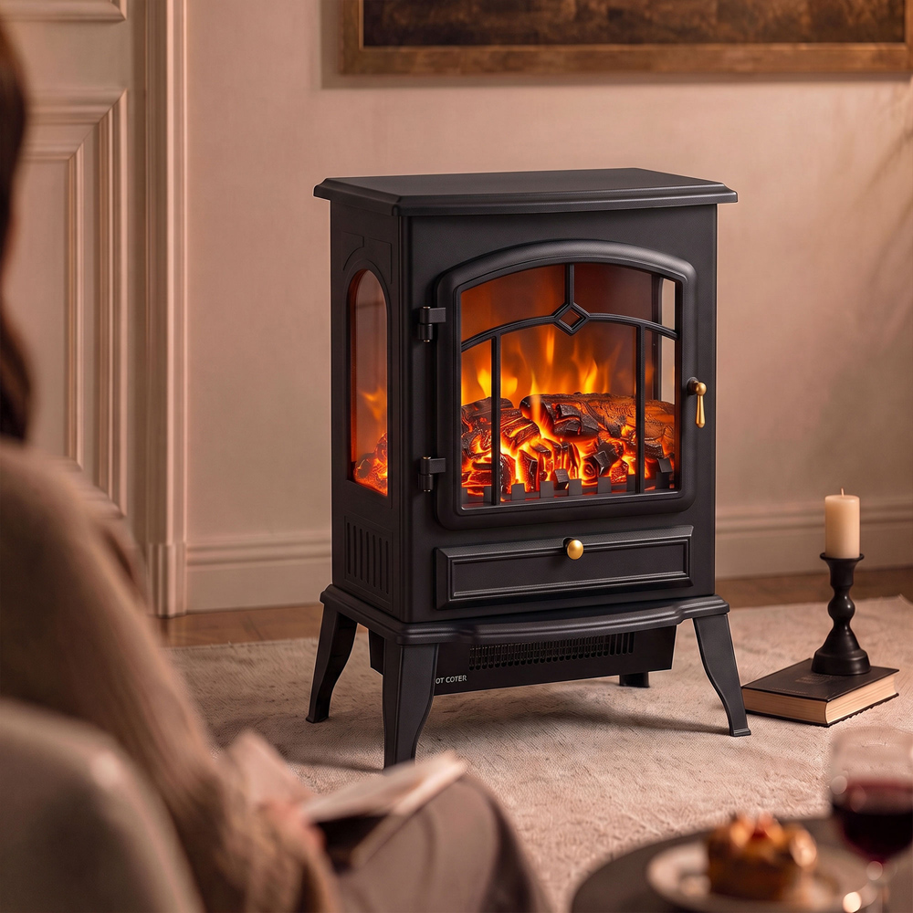 HOMCOM 3-Sided Black Electric Fireplace Stove with Realistic Log Flame Effect Image 3