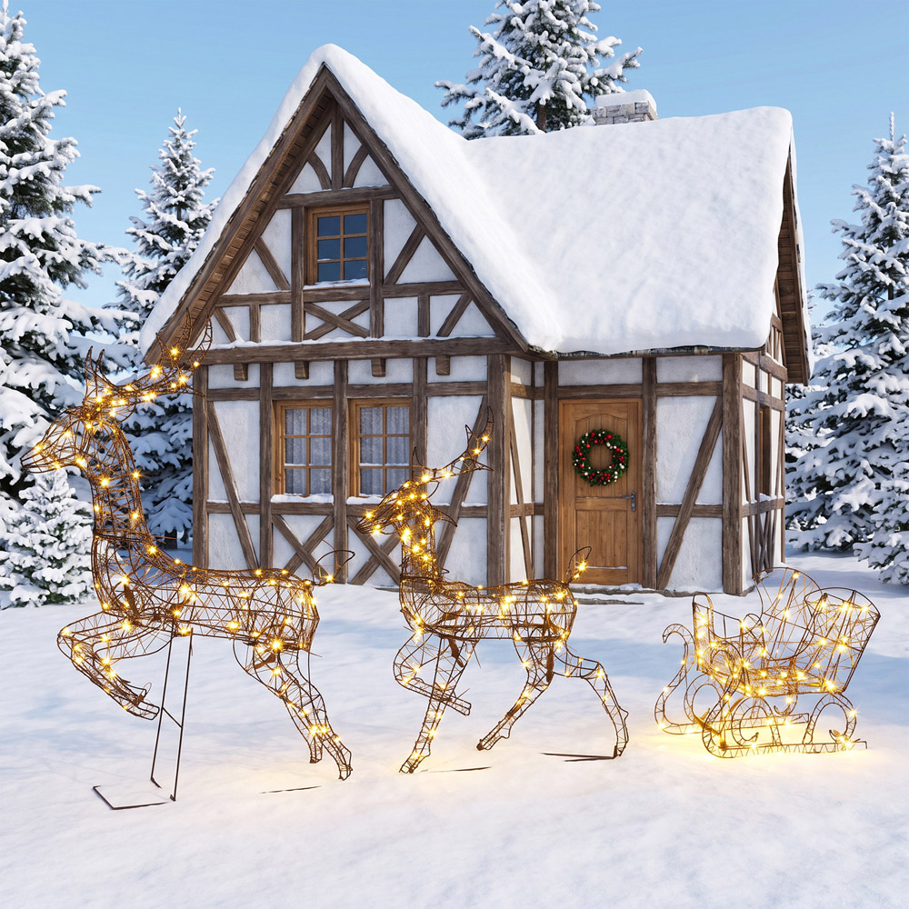 Outsunny 240 Warm White LED 3-Piece Reindeer and Sleigh Set Outdoor Christmas Decoration Image 5
