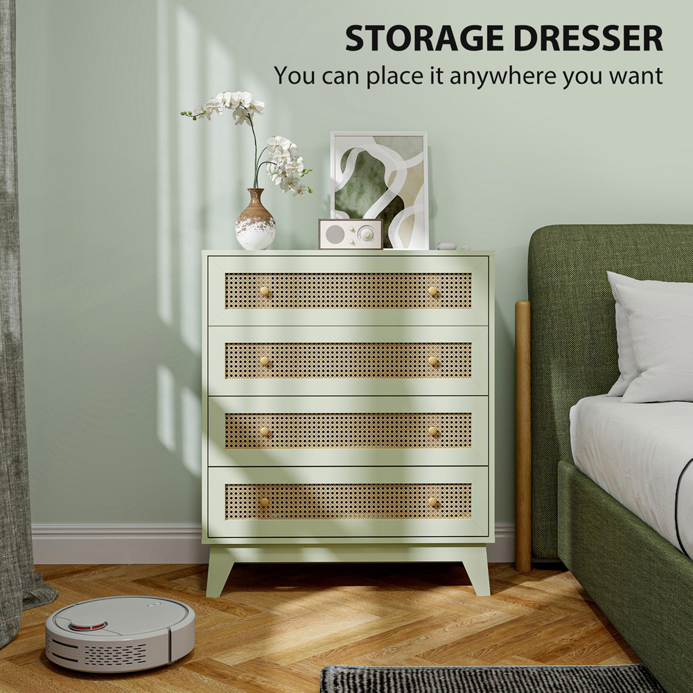 HOMCOM 4 Drawer Light Green Rattan Chest of Drawers Image 8