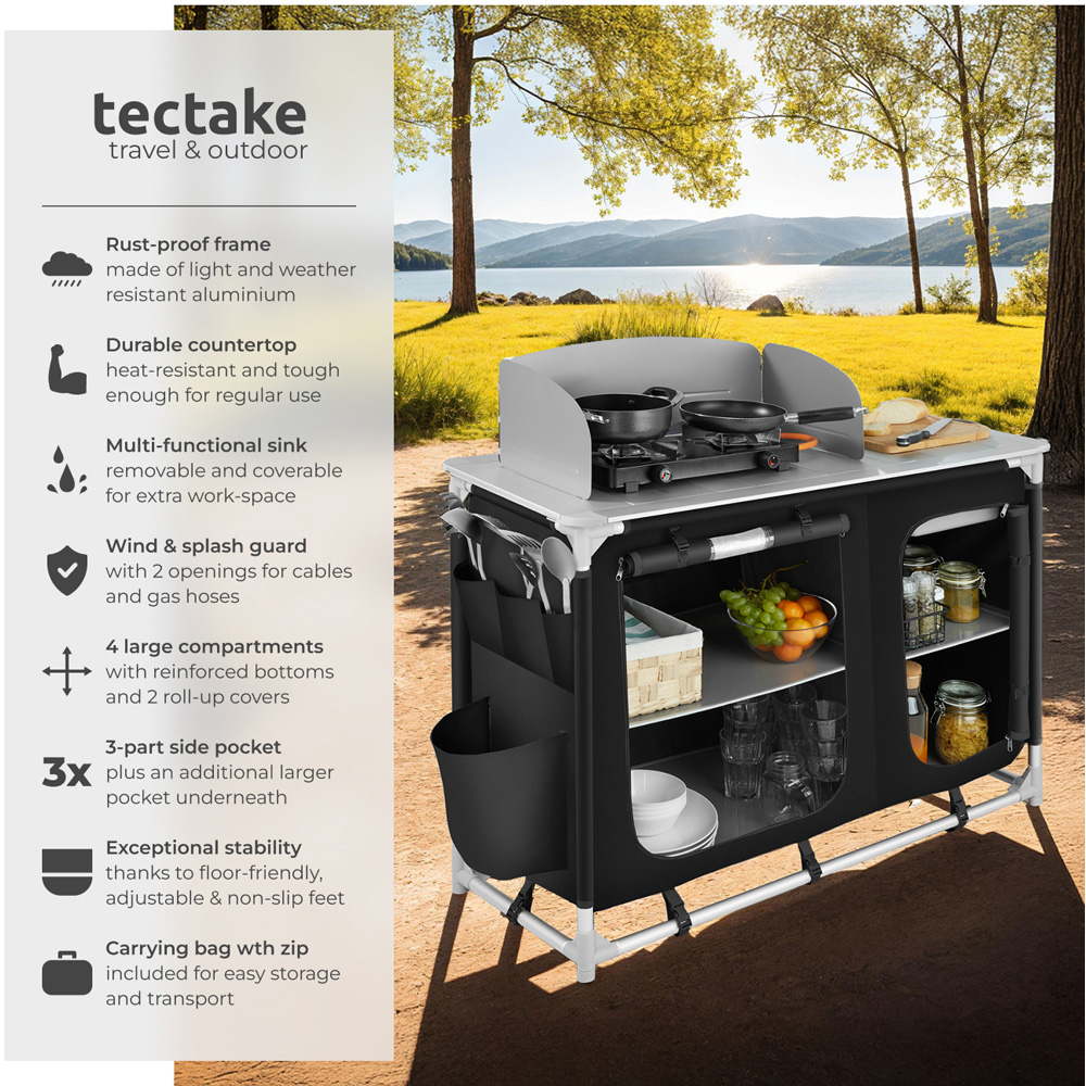tectake Black Foldable Camping Kitchen with 4 Compartments Image 6