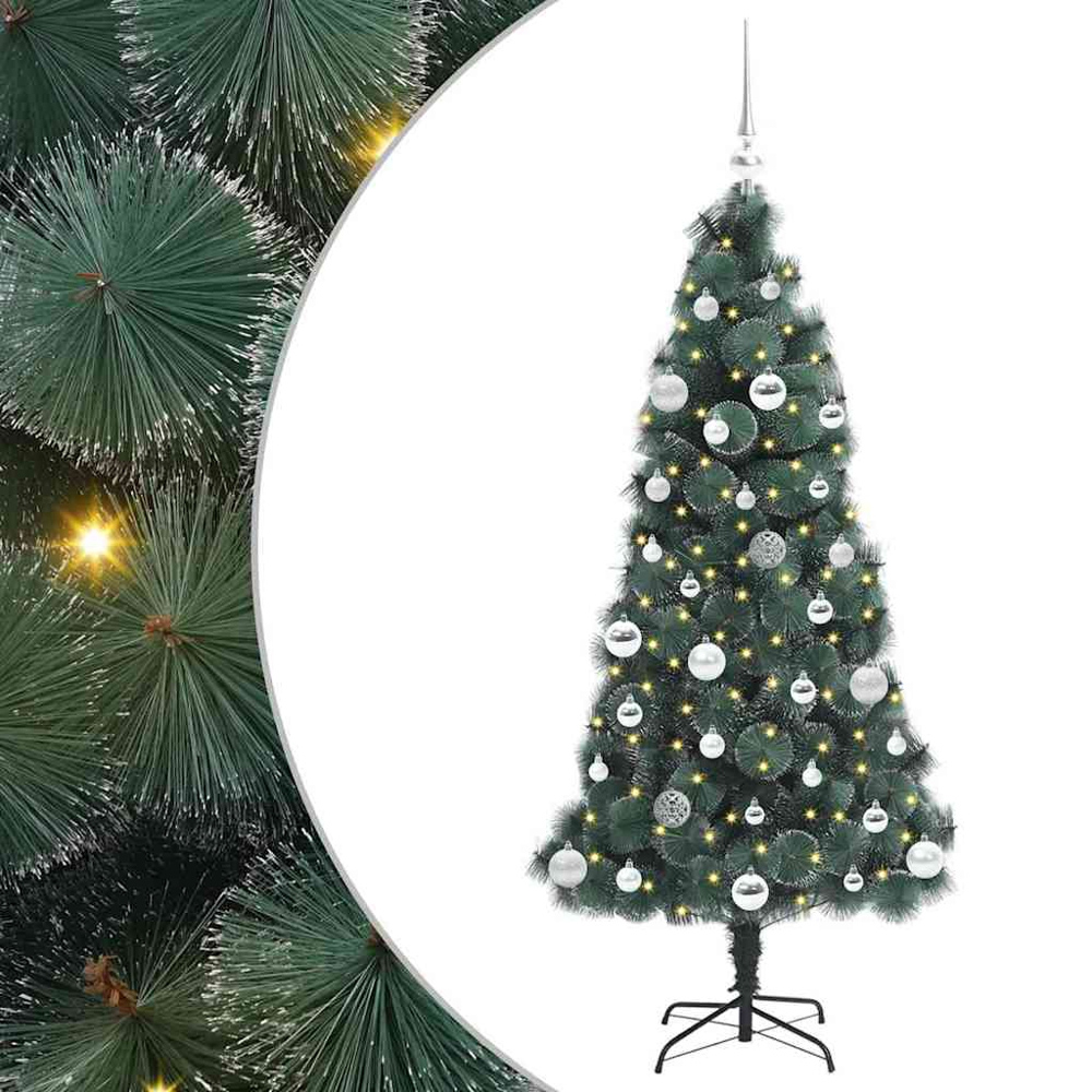 vidaXL Pre-Lit Silver Baubles Green Artificial Christmas Tree 5ft Image 2