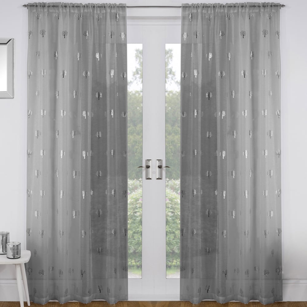 Tyrone Textiles Birch Silver Metallic Tree Print Pocket Header Voile Panel Curtains 140 x 137cm Image 1