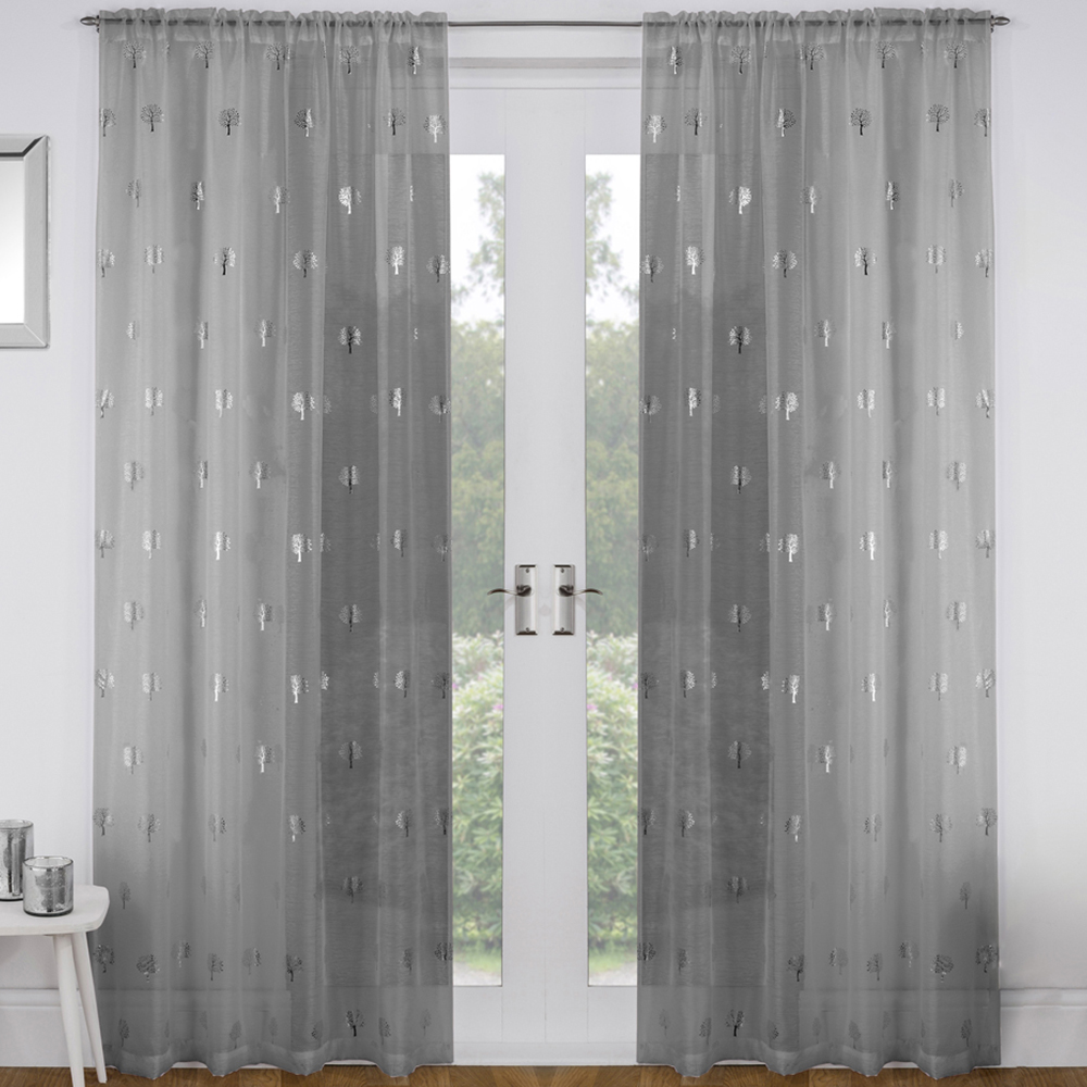 Tyrone Textiles Birch Silver Metallic Tree Print Pocket Header Voile Panel Curtains 140 x 229cm Image 1