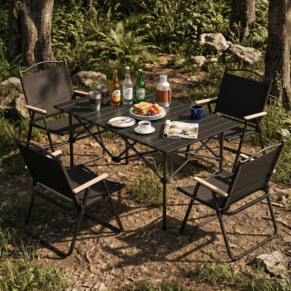 Living and Home 4 Seater 95cm Black Foldable Camping Table and Chair Set Image 7