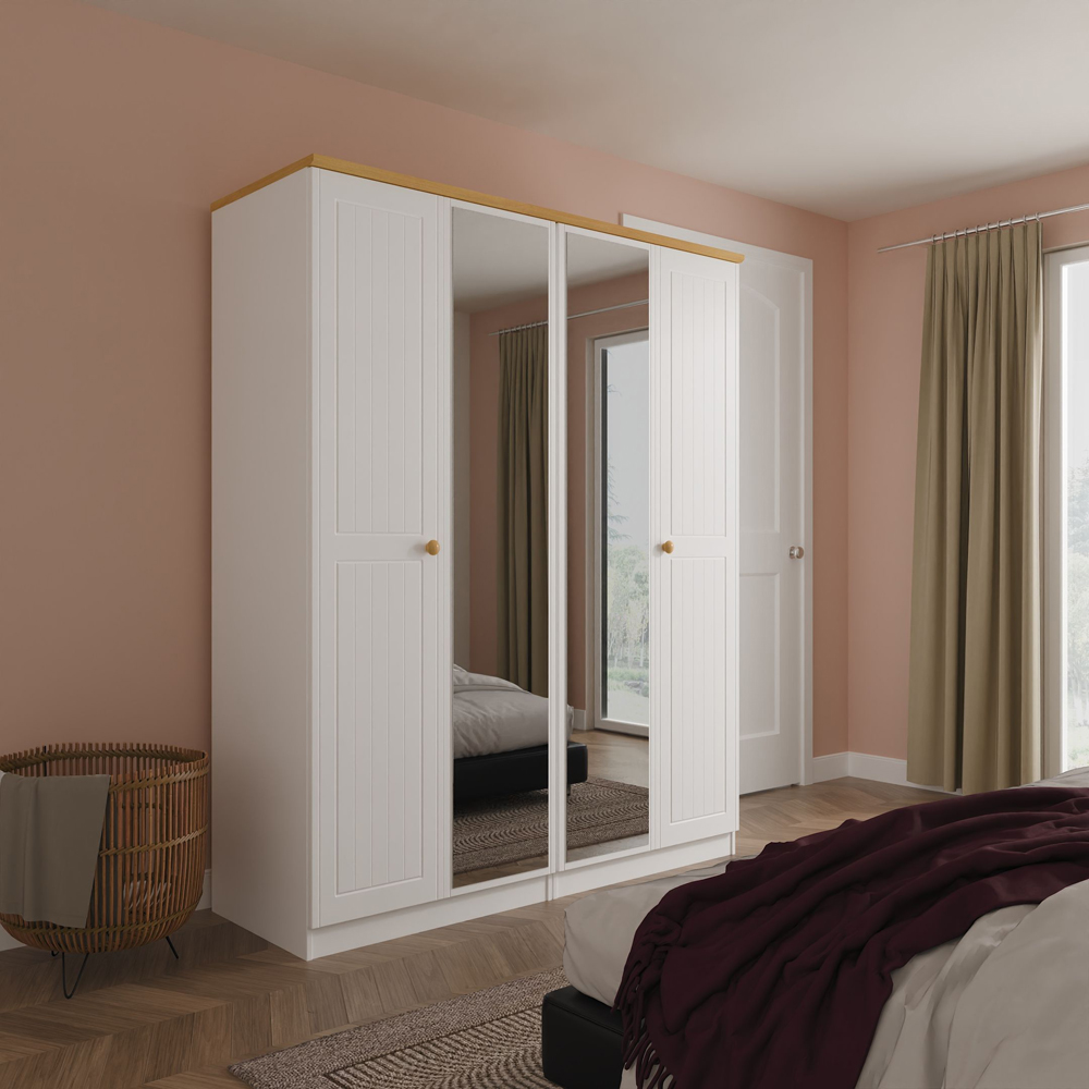 Crowndale Warwick 4 Door White Ash and Modern Oak Mirror Wardrobe Ready Assembled Image 9