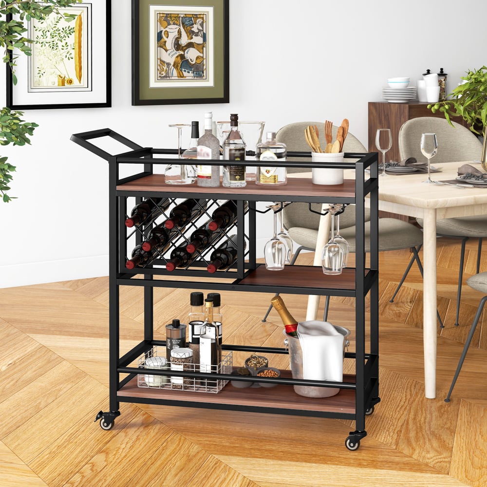 Costway 3 Shelf 8 Bottle Walnut Bar Serving Cart with Wine Racks Image 4