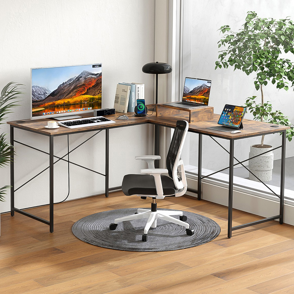 Costway L Shaped Computer Desk with Power Strip Brown Image 1
