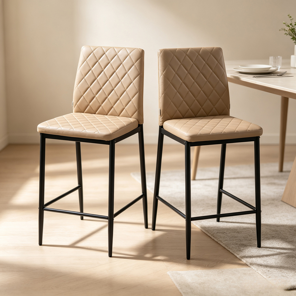 Living and Home Camel PU Leather Diamond Stitched Bar Stool Set of 2 Image 7