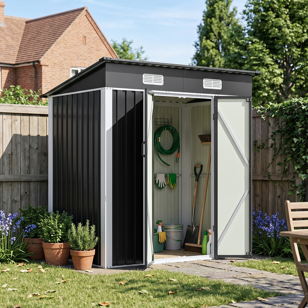 Living and Home 6 x 4ft Black Pent Quick Assembly Metal Garden Storage Shed Image 2