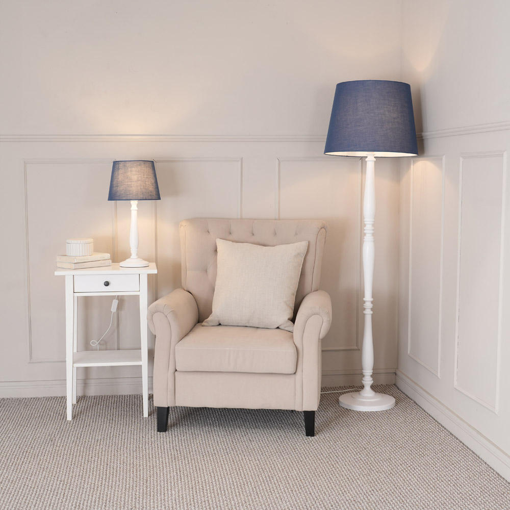 ValueLights Victoria Navy Blue Fabric Tapered Shade White Wood Traditional Stem LED Table Lamp Image 4