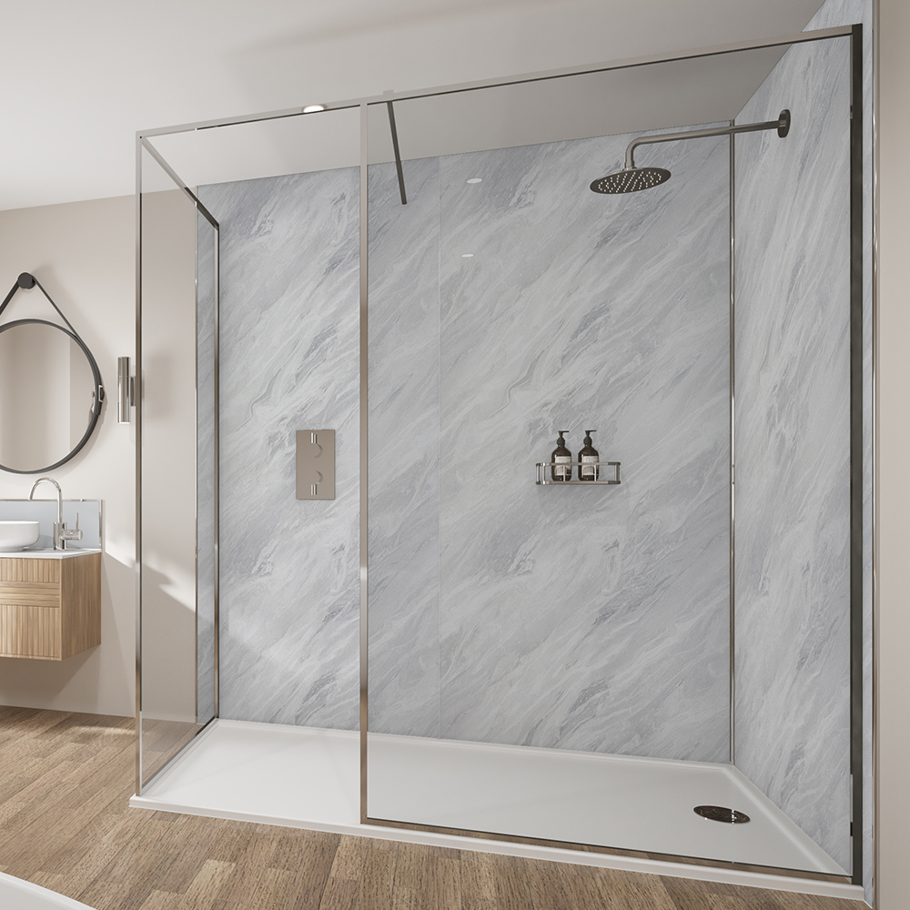 Wetwall Mermaid Tongue and Groove Brera Marble Plywood Shower Panel 2420 x 1185mm Image 1