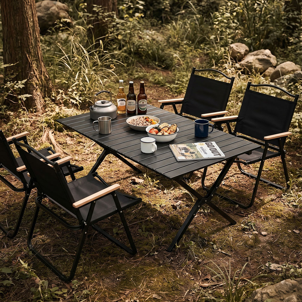 Living and Home 4 Seater 120cm Black Camping Table and Chair Set Image 2
