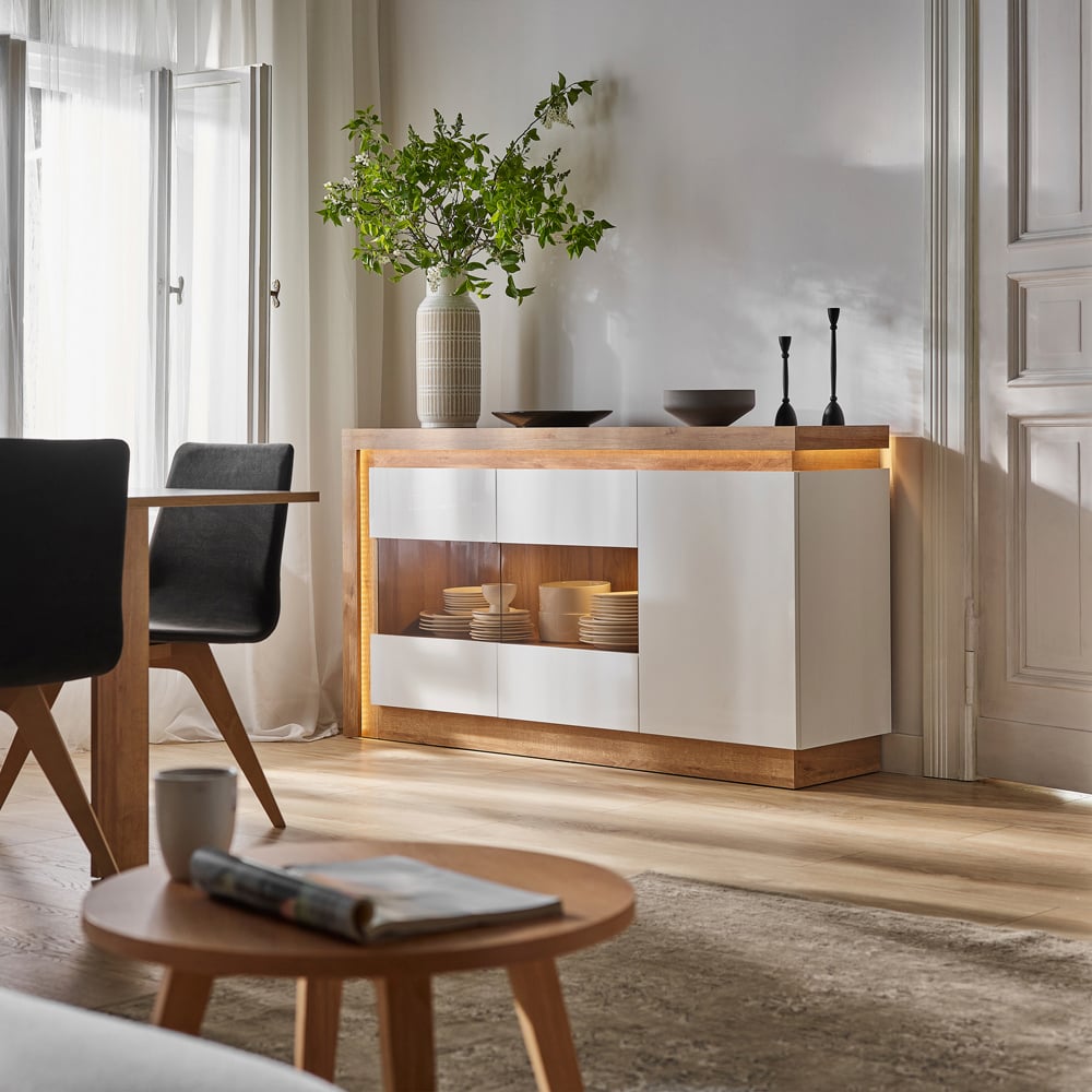 Florence Lyon 3 Door Glazed Riviera Oak and White Sideboard with LED Lighting Image 5