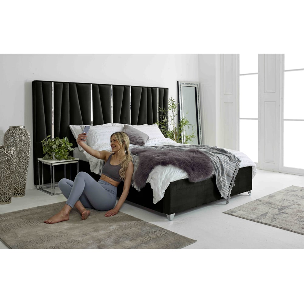 Eleganza Mila Double Black Plush Velvet Bed Frame with Lined Headboard Image 7