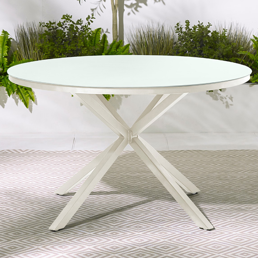 Furniturebox 120cm Cream Metal and Glass Round Garden Dining Table Image 1