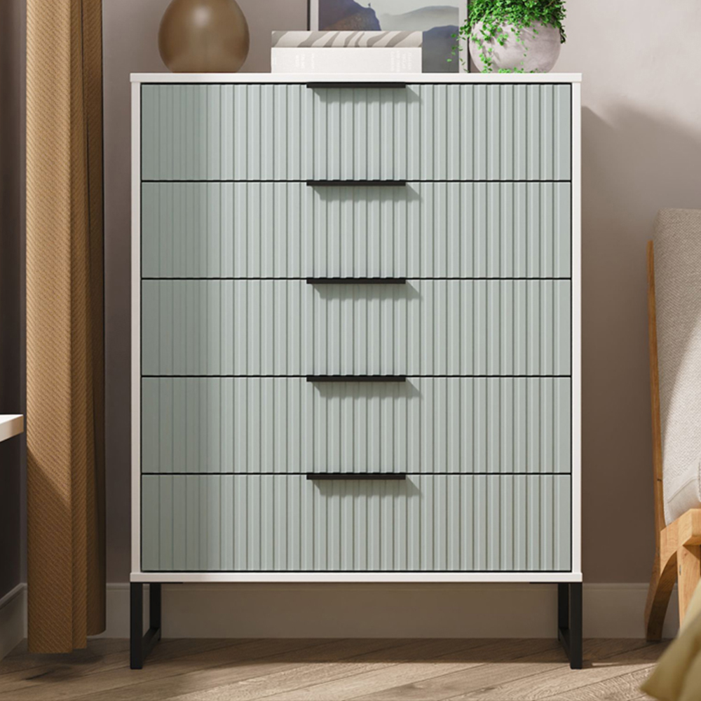 Crowndale Fluted 5 Drawer Duck and White Matt Chest of Drawers Ready Assembled Image 1