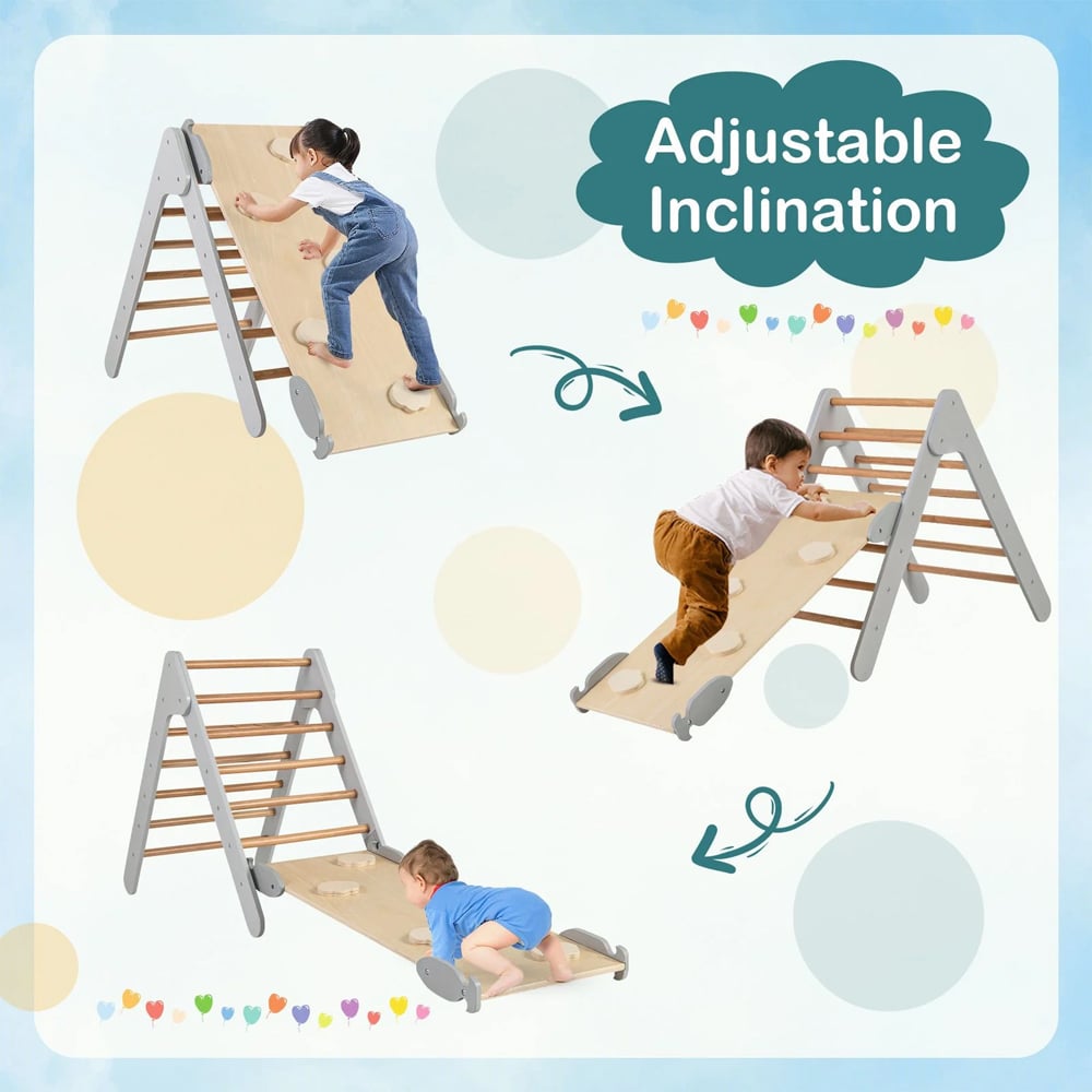 Costway Kids 2 in 1 Grey Wooden Climbing Ladder with Ramp Image 6