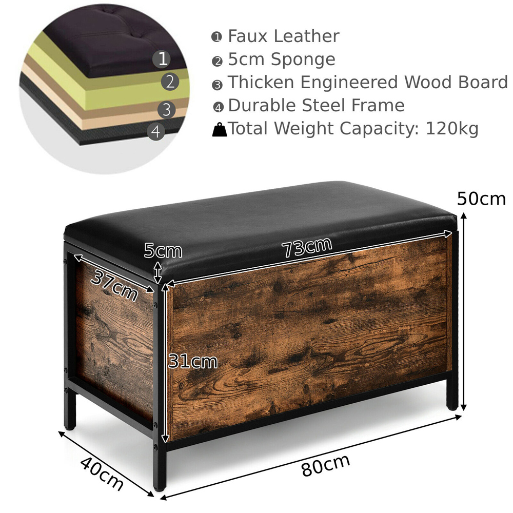 Costway Rustic PU Padded Storage Ottoman Stool Image 9
