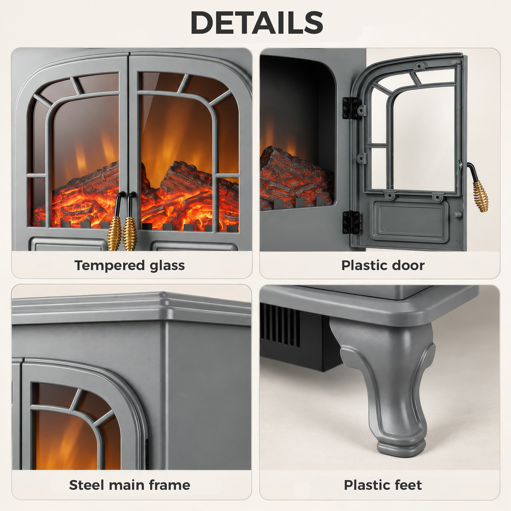 HOMCOM Grey Freestanding Electric Fireplace Stove with LED Fire Flame Effect Image 4