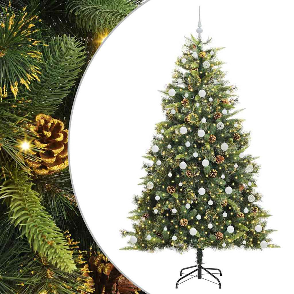 vidaXL Pre-Lit White Baubles and Pinecones Green Artificial Christmas Tree 7ft Image 2