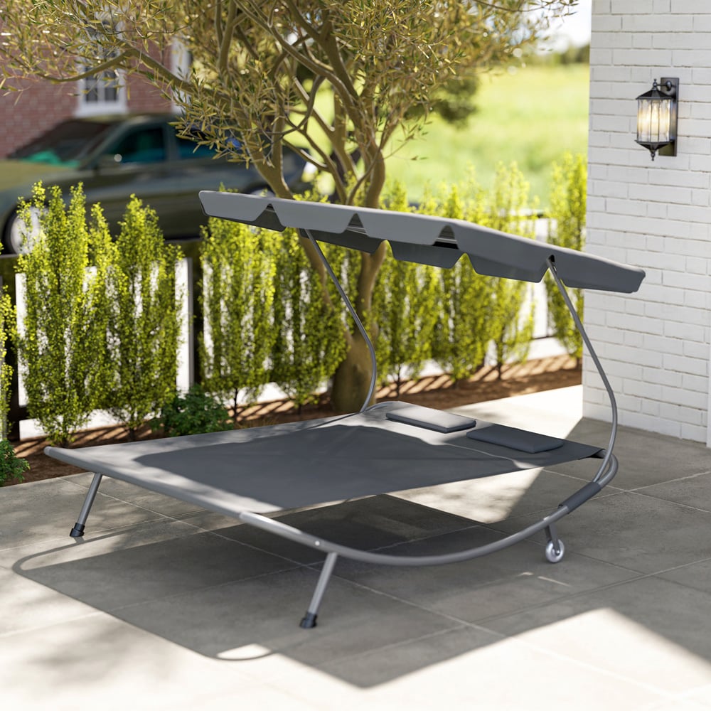 Outsunny 2 Seater Grey Hammock Sun Lounger with Canopy and 2 Pillows Image 4