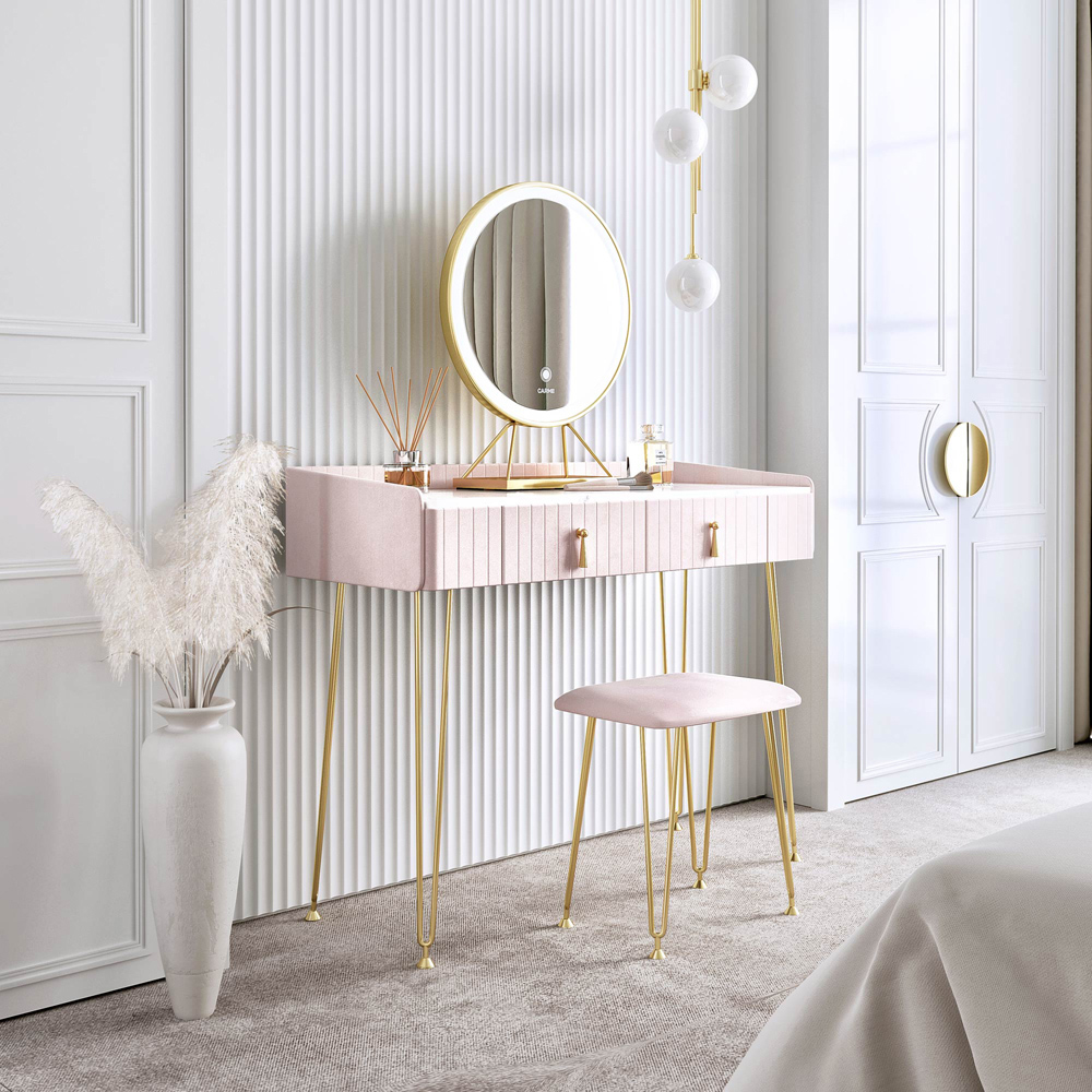 CARME Home Tokyo Glow 2 Drawer Pink Velvet Dressing Table Set with LED Mirror Image 6