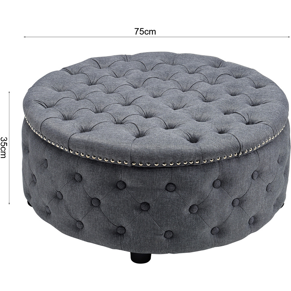 Living and Home Dark Grey Linen Round Buttoned Ottoman with Studded Edge Image 8