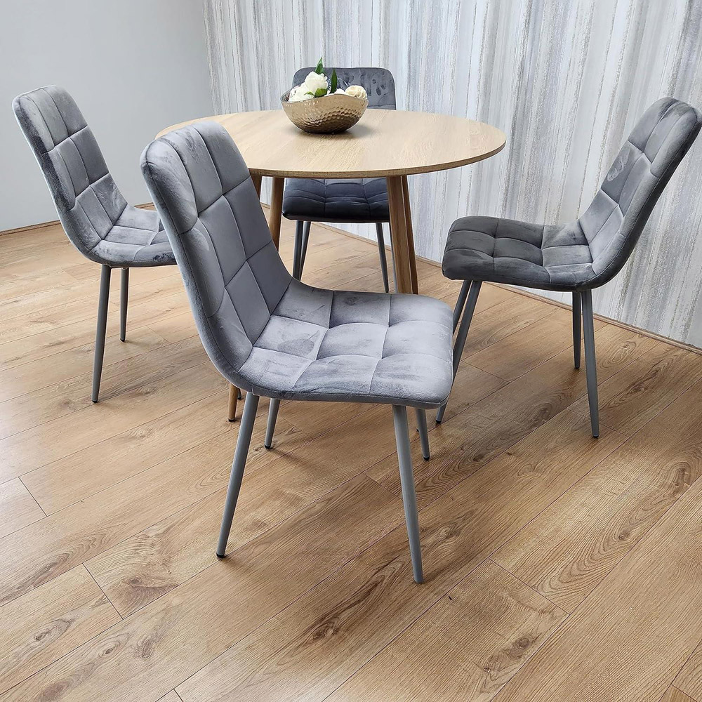 Portland 4 Seater Velvet Round Dining Set Wood Effect and Grey Image 5