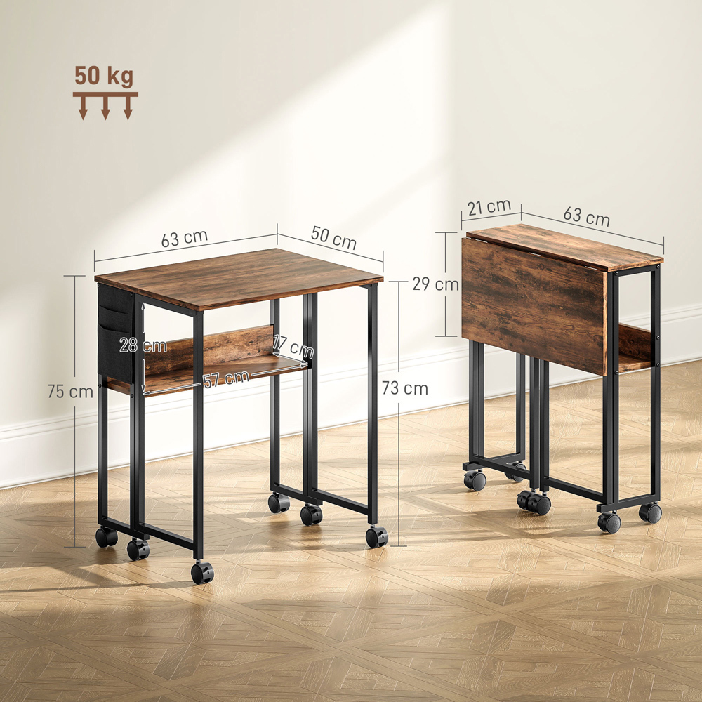 HOMCOM Single Shelf Foldable Computer Desk with Wheels and Side Bag Rustic Brown Image 9