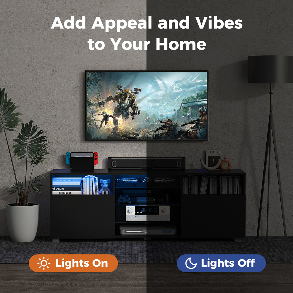 Costway 2 Door 6 Shelf Black TV Unit with LED Image 4