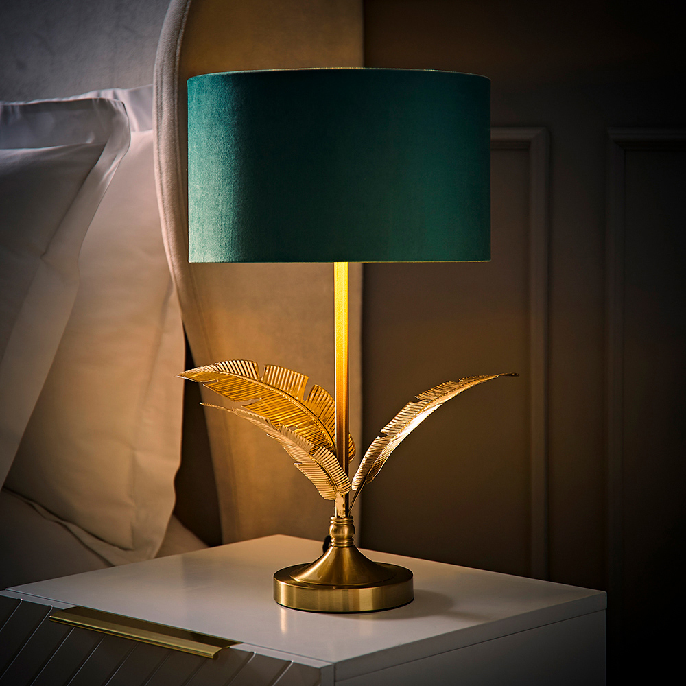 ValueLights Christina Green Velvet and Gold Palm Leaf Table Lamp with Bulb Image 2