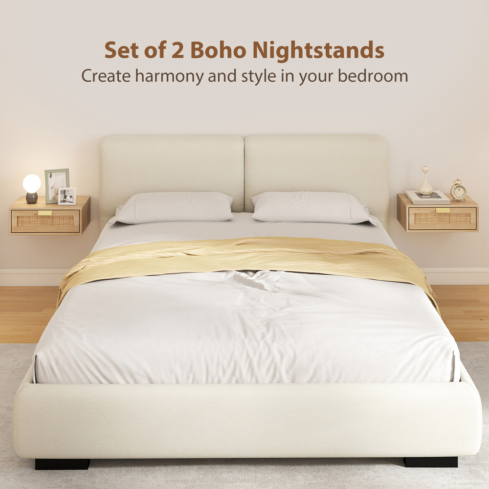 Portland Single Drawer Oak Effect Natural Rattan Boho Floating Nightstand Set of 2 Image 4