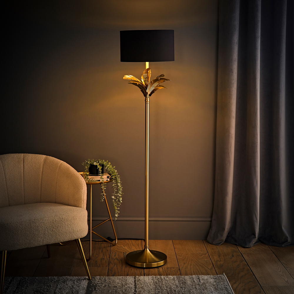 ValueLights Christina Black and Gold Drum Palm Leaf Floor Lamp and Bulb Image 6