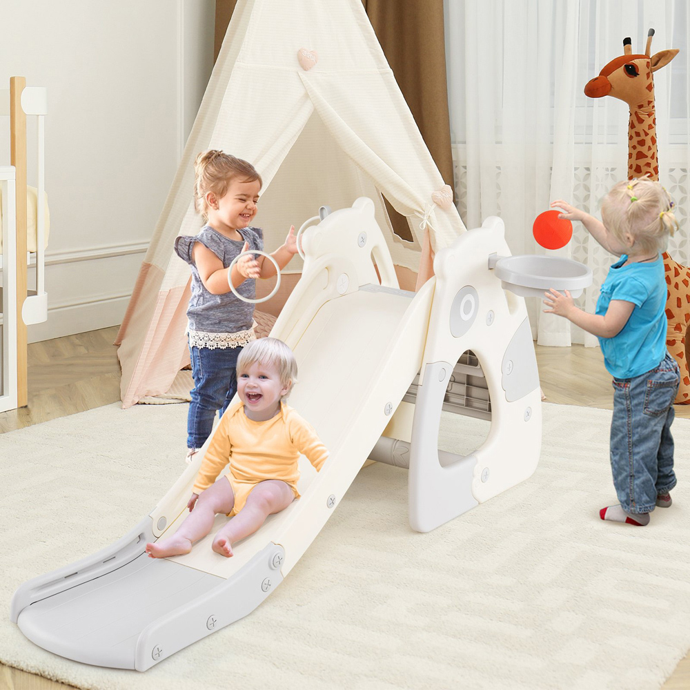 Costway Toddler Grey Foldable Slide with Basketball Hoop and Ball Image 2