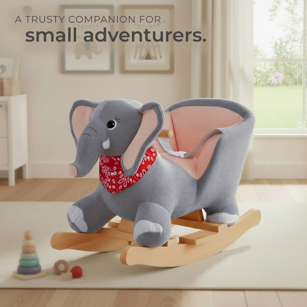 tectake Kids Grey Elephant Plush Cover Wooden Rocking Horse Image 2