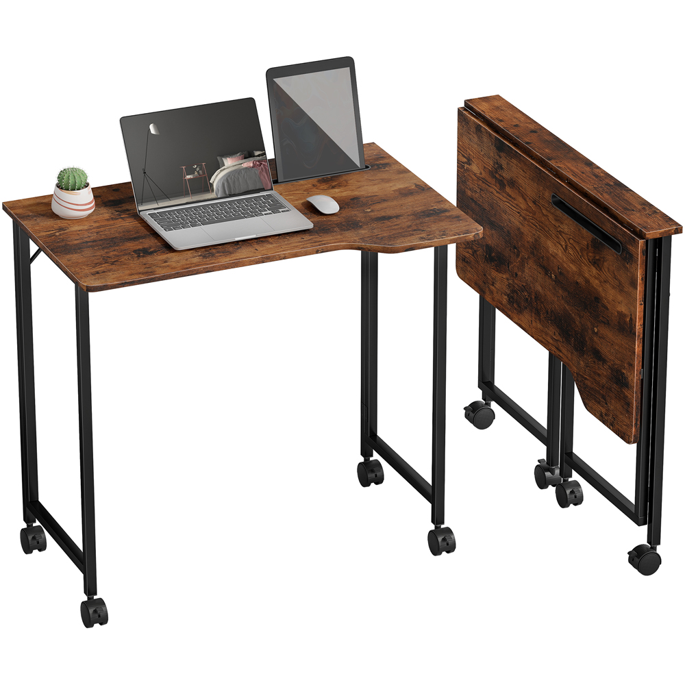 Portland Foldable Small Writing Desk with Wheels Rustic Brown Image 2