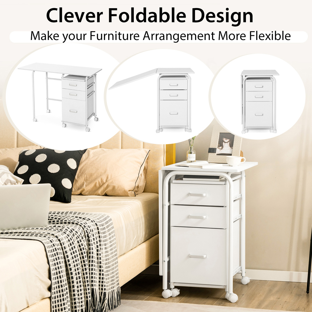 Costway 3 Drawers Folding Computer Desk with Rolling Wheels White Image 5