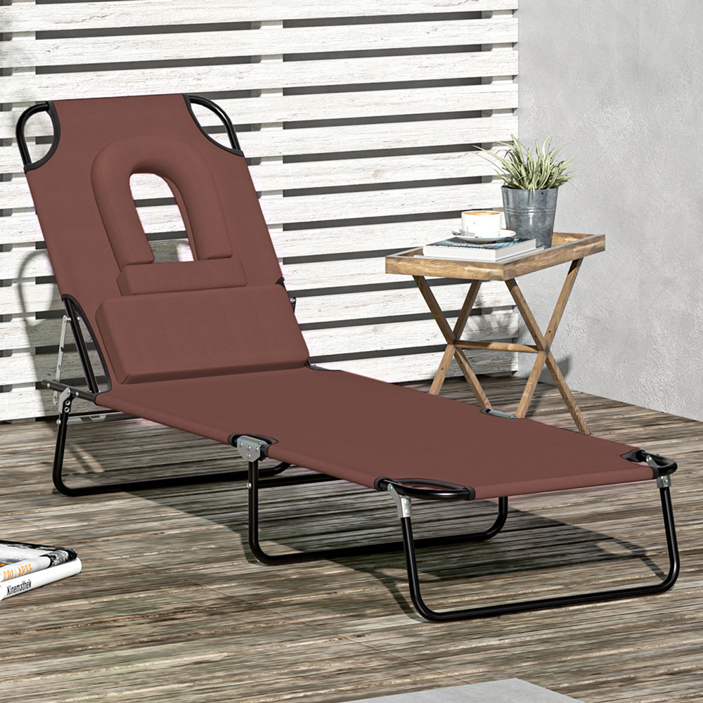 Outsunny Brown 4 Level Adjustable Sun Lounger with Reading Hole Image 1